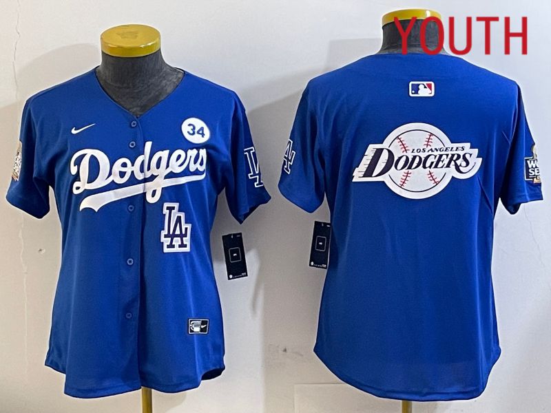 Youth  Los Angeles Dodgers blank 2024 World series patch blue jersey 20241124506->youth mlb jersey->Youth Jersey